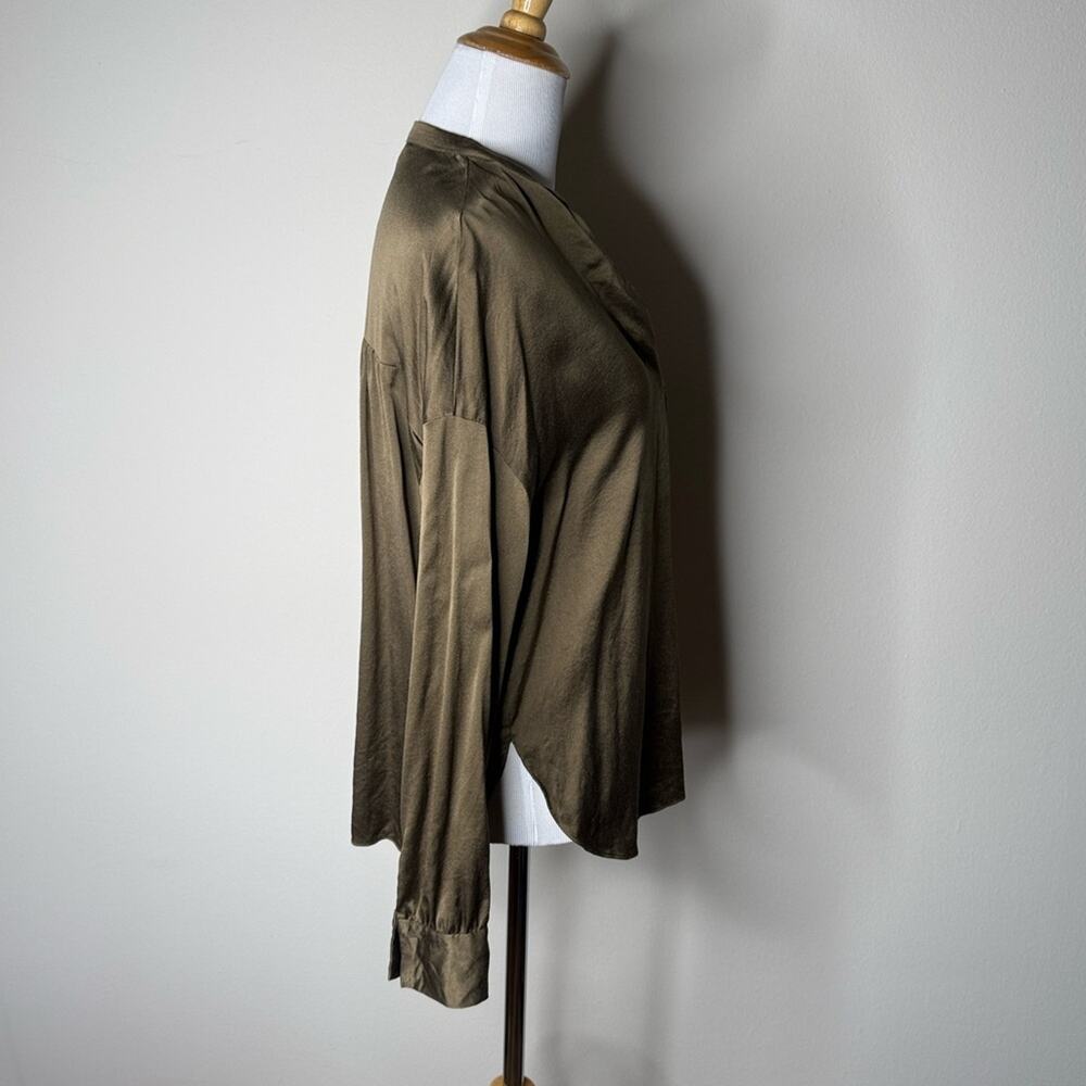Vince Olive Green Khaki Silk Collarless Blouse - Picture 4 of 5